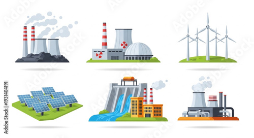 Set of different types of power plants and energy sources illustration.