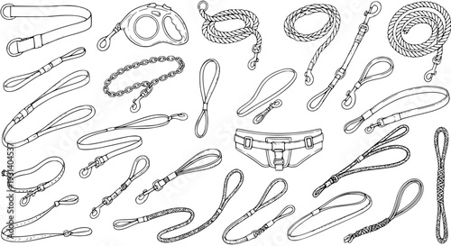 Collection of Dog Leashes, Collars, and Retractable Leash Designs in Black and White Line Art