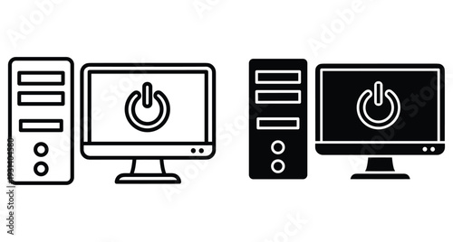 Desktop computer workstation icons featuring monitor and tower case with power button symbol in outline and solid black glyph style set