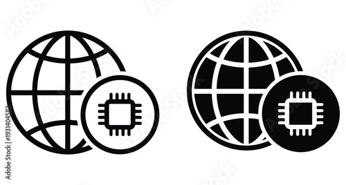 global technology network icon set featuring earth globe and microchip symbol for digital connectivity internet infrastructure hardware processing and worldwide communication systems