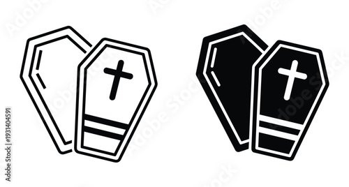 Coffin icons set featuring outline and solid black designs with religious cross for funeral services burial cemetery mourning and spooky Halloween