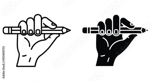 hand holding pencil horizontal writing drawing sketching tool icon set line art and solid silhouette style for creative graphic design projects