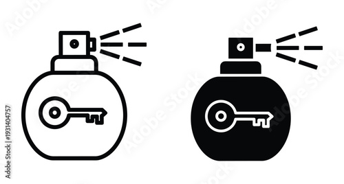 perfume bottle icon set with key symbol and spray mist effect representing secret fragrance scent beauty product packaging simple design elements