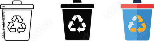Three recycling bins icons set for waste management and eco-friendly concepts