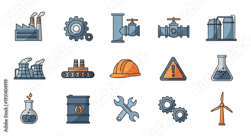Industrial Icons Set with Equipment Symbols.