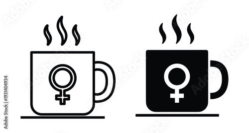 Coffee mug icon with female gender symbol and steam rising in outline and solid black styles for feminism and women rights