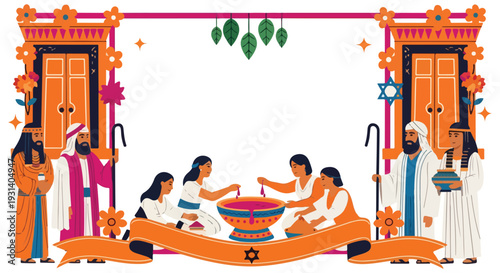 Ancient Jewish Passover festival celebration illustration.