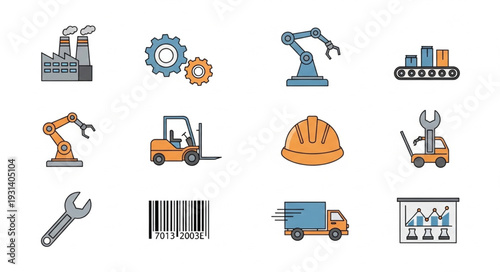Industrial Icons Set with Machines and Tools.
