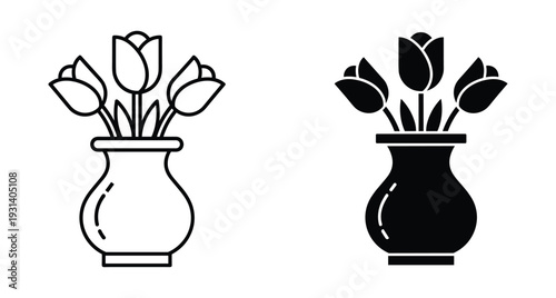 Tulip flowers in a ceramic vase icon set featuring outline and solid black silhouette styles for interior decoration and floral design
