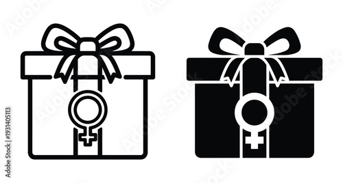 Gift box icon set with female gender symbol for international women's day celebration surprise present with ribbon bow and venus sign