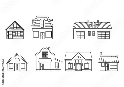 Set of suburban buildings in outline style. Isolated clip art on white background for vacation, eco-living, architecture, rual concepts.