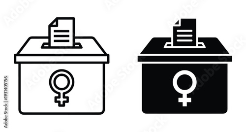 Ballot box icon set with female gender symbol representing women's suffrage rights and political participation in democratic elections for gender equality