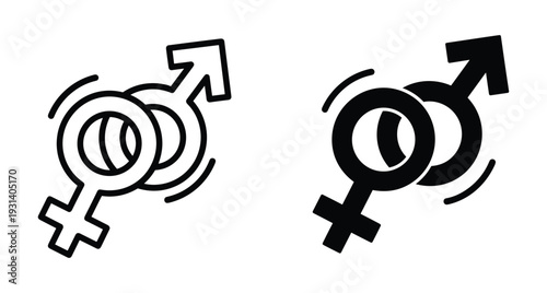 Male and female gender symbols intertwined representing equality partnership and relationship icons in black outline and solid silhouette vector graphic design elements