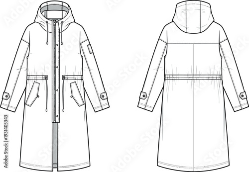 Long hooded parka jacket technical fashion flat sketch vector illustration showing front and back views with drawstrings and flap pockets.