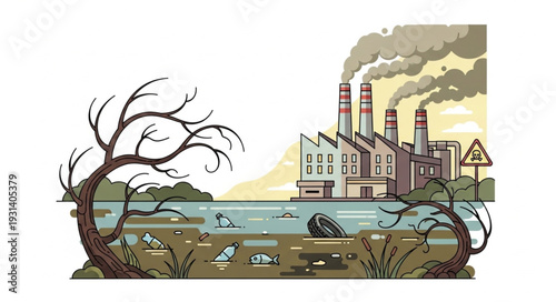 Industrial Landscape with Factory and River.