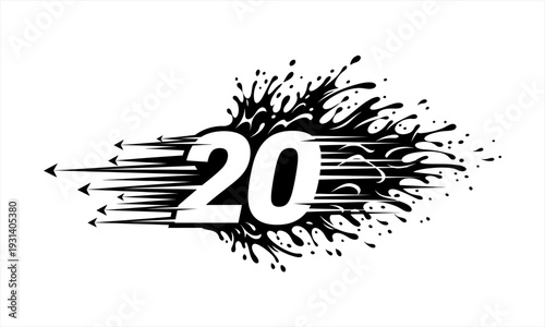 Number 20 with dynamic black ink splash and speed lines.