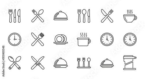 Collection of minimalist outline vector icons representing dining utensils, tableware, clocks, and hot beverages