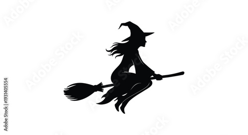 Silhouette vector graphic illustration of a flying witch riding a traditional broomstick