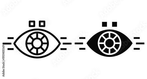 Digital eye scanning icon set representing biometric security surveillance vision technology with outline and solid versions for interface design and data