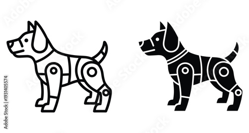 Robotic dog icon set featuring outline and solid black silhouette styles for technology mechanical pet animal digital interface software application design