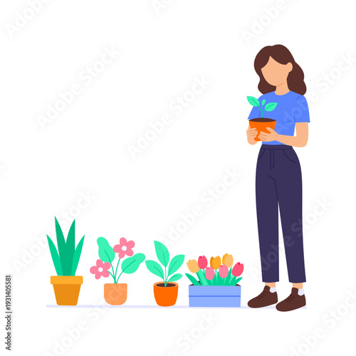 Holding Small Plant, showcasing potted plant with care, Flat vector character illustration