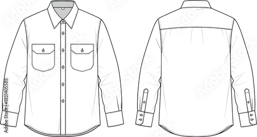 Men long sleeve button down shirt technical flat sketch vector illustration with front and back view for apparel design template