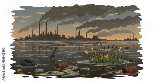 Industrial Landscape with Pollution and Factory.