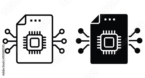Digital document file icon with microchip and circuit connections representing smart data processing electronic storage information technology automation and computer hardware system