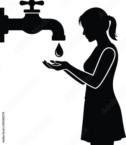 Woman Catching Water Drop from Faucet Silhouette Vector isolated PNG with Transparent Background