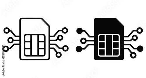 SIM card icon set with electronic circuit lines representing mobile data connectivity cellular network technology smart chip communication and digital telecommunications hardware