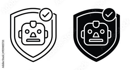 robot security shield icon set with checkmark symbol for bot protection safety verification secure automation technology software interface web design elements