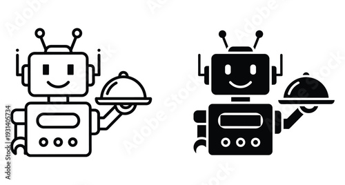 Robot waiter icon set featuring a friendly android holding a food tray with cloche for restaurant automation and smart service technology
