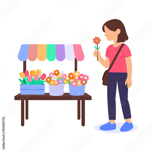 Choosing a Flower, selecting fresh bloom for bouquet, Flat vector character illustration