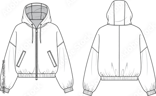 Oversized zip up hooded jacket technical fashion flat sketch vector illustration front and back view with dropped shoulders elastic hem