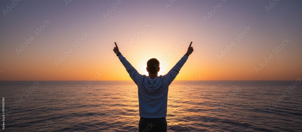 Fototapeta premium Joyful celebration of life ocean sunset outdoor photography serene environment backlit perspective positive vibes and reflection