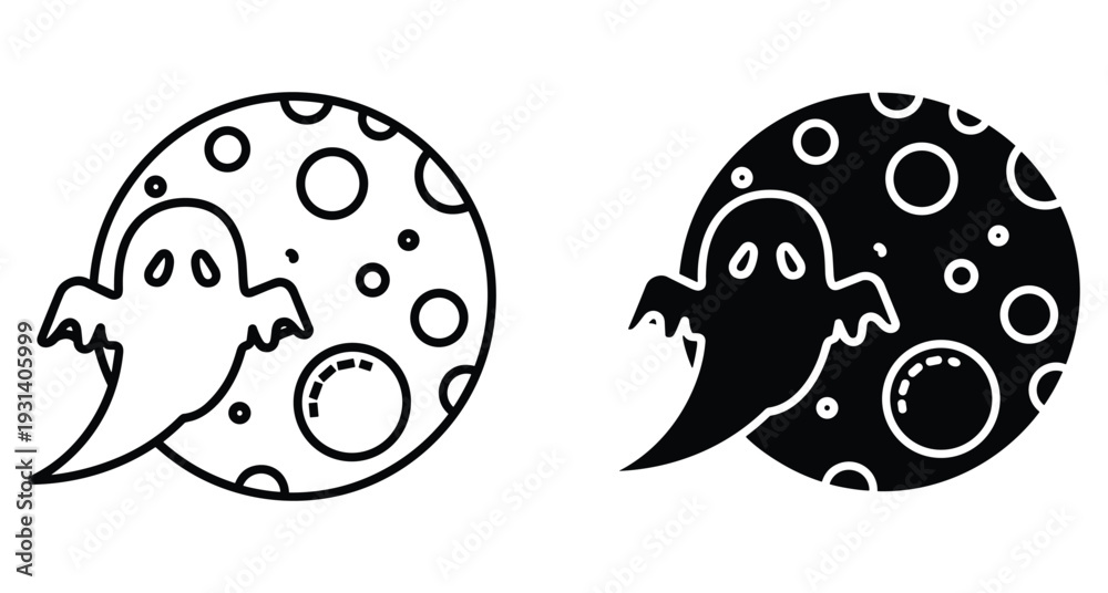 Fototapeta premium Halloween ghost flying in front of full moon with craters icon set in outline and solid black silhouette style for spooky design
