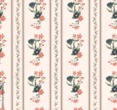 Vintage country style floral seamless pattern with vertical stripes and botanical motifs on cream background