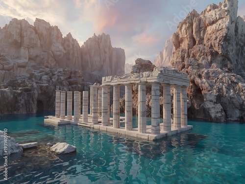 Ancient Greek Temple Ruins in Turquoise Water Sunset
