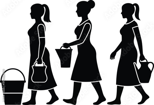 Set of 3 Black Silhouette Women Carrying Water Buckets and Jugs Vector isolated PNG with Transparent Background