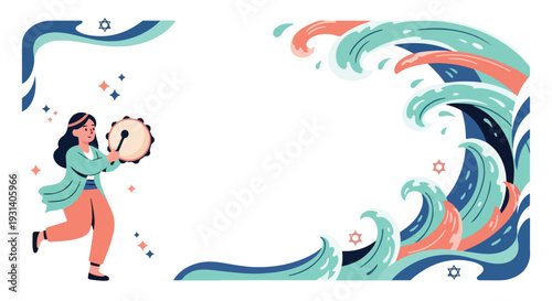 Miriam  dance, jewish woman playing tambourine with ocean waves.