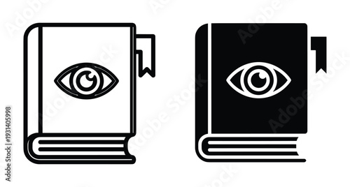 Book icon set with eye symbol on cover and bookmark featuring outline and solid glyph styles for reading vision knowledge mystery