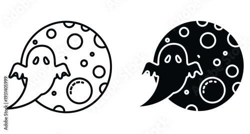 Halloween ghost flying in front of full moon with craters icon set in outline and solid black silhouette style for spooky design