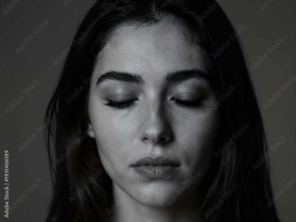 Fototapeta premium Serene Woman with Closed Eyes in Black and White Portrait, Peaceful Expression for Wellness or Meditation Concept Photography