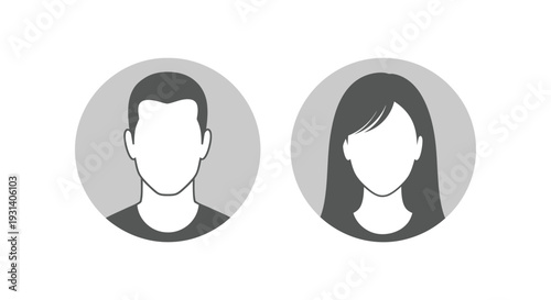 Simple monochrome vector graphic illustration depicting generic male and female profile placeholder avatars side by side.