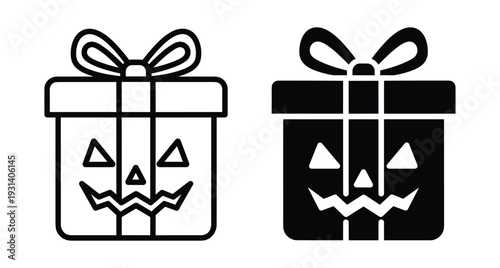 Halloween gift box icon set featuring jack o lantern pumpkin face design with ribbon bow for spooky holiday celebration and party