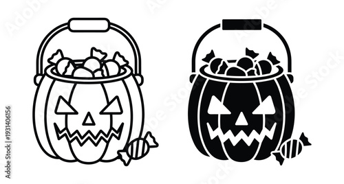 Halloween pumpkin bucket filled with candy sweets jack o lantern basket trick or treat icon set outline and solid silhouette vector illustration