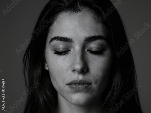 Serene Woman with Closed Eyes in Black and White Portrait, Peaceful Expression for Wellness or Meditation Concept Photography