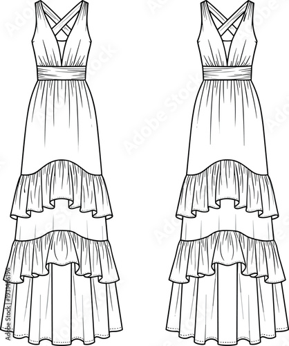 Vector fashion flat sketch of a women maxi dress with deep neck, cross strap, and tiered ruffled skirt design template.