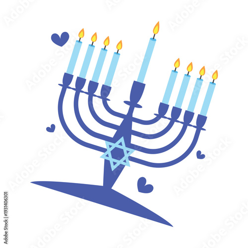 Colorful Hanukkah menorah with burning candles and hearts.