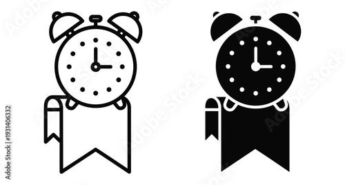 Alarm clock with ribbon icon representing time management achievement deadline reminder schedule success winner award symbol for business and productivity design